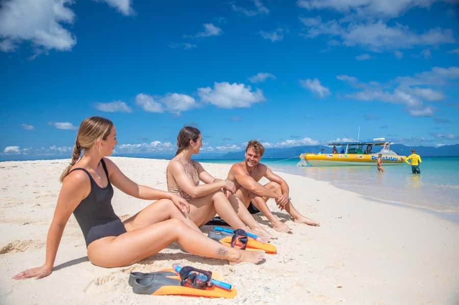 Cape Tribulation Ocean Safari - Great Barrier Reef Adventure - The sandy cay and the rainforest view