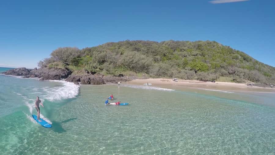 Noosa: Epic Learn to Surf Safari 4x4 - Double Island Point - Arriving at the long sandy point break